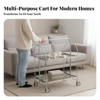 Easy Mobility Folding Fluted Glass Trolley Multi-Purpose 2-Tier Rolling Cart Modern Design Wheeled Side Table Vintage Aesthetic for Home Entertainers, Apartment Dwellers, Living Room, Kitchen, Bedroom, Balcony