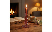 Turned Stem Blown Glass Candle Holder Cylindrical Top Glass Taper Candle Holder Wide Base