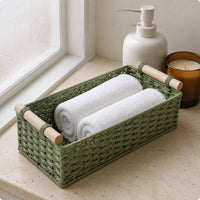 Natural Rope Basket Wooden Handles Rectangular Rope Basket Rustic for Vanity