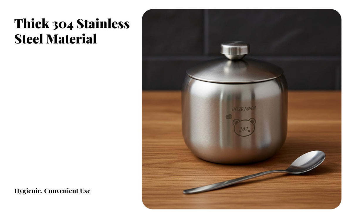 Lidded Spoon Condiment Pot Multi-Functional Stainless Steel Seasoning Jar Food-Grade Round Condiment Pot for Chefs, Kitchen, Dining Table, Buffet Line