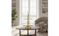 Double-Layer Fruit Stand with Glass Trays Gold-Tone 2-Tier Serving Stand European-Style Ornate for Hosts, Brides, Party, Wedding, Living Room