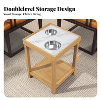 Marble Pattern Top Beverage Stand with Container Insert Sturdy Construction Tea Table Two-Tier Design Small Furniture for Mahjong Players, Homeowners, Game Room, Lounge