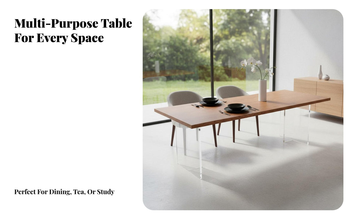 Floating Wood Slab Table Transparent Legs Dining Surface Modern Aesthetic Home Furnishing for Homeowners, Remote Workers, Living Room, Open-Plan Space
