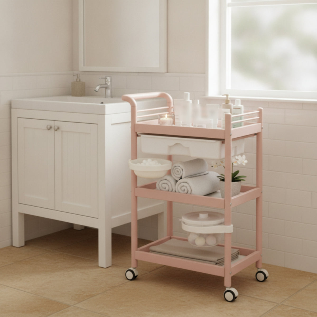 3-Tier Rolling Cart with Basin Sturdy Salon Cart with Drawer Beauty Salon Trolley Stable Furniture Wear-Resistant