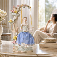 Girl on Swing Figurine Handmade Figurine with Flower Tree Glazed for Vanity