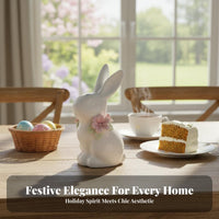 Flower Wreath Feature Easter Rabbit Table Decor Holiday Gift Easter Bunny Statue Cute Design for Tabletop, Desktop
