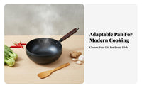 Hand Hammered Iron Wok Non-Stick Flat Bottom Nonstick Wok Chinese Iron Cooking Pan Even Heat Distribution for Gas Cooktop