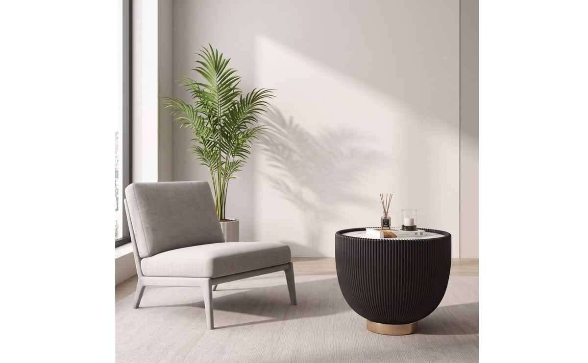 Round Tea Table Compact Low Table with Ribbed Exterior Modern Opulent Furniture for Living Room, Lounge, Reading Corner
