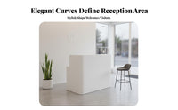 Curved White Reception Desk High-Gloss Finish Small Minimalist Front Desk Compact Footprint White Varnished Surface Cashier Stand for Shopkeepers