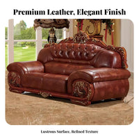 3-Seater Couch European design Carved Frame Three-Seater Genuine Leather Sofa for Homeowners, Apartment Dwellers, Lounge Area, Bedroom, Office