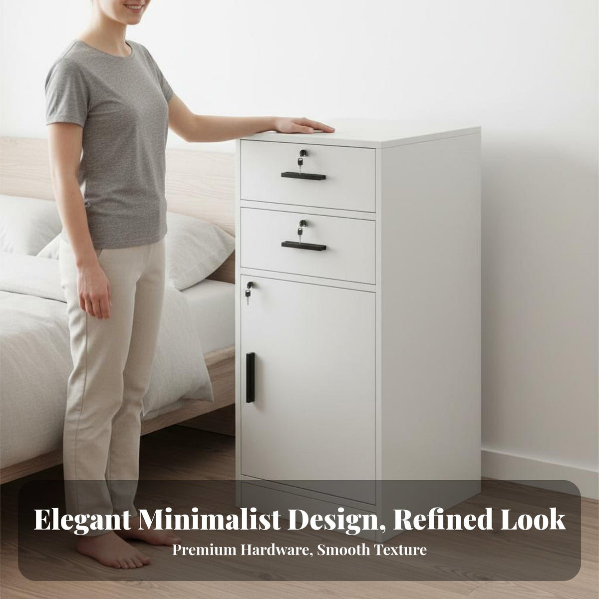 Modern Design Locking Nightstand Mobile Design Lockable Nightstand Easy to Clean Bedside Cabinet with Lock Sturdy and Long-Lasting for Renters, Students, Roommates, Dorm Room, Small Areas, Office