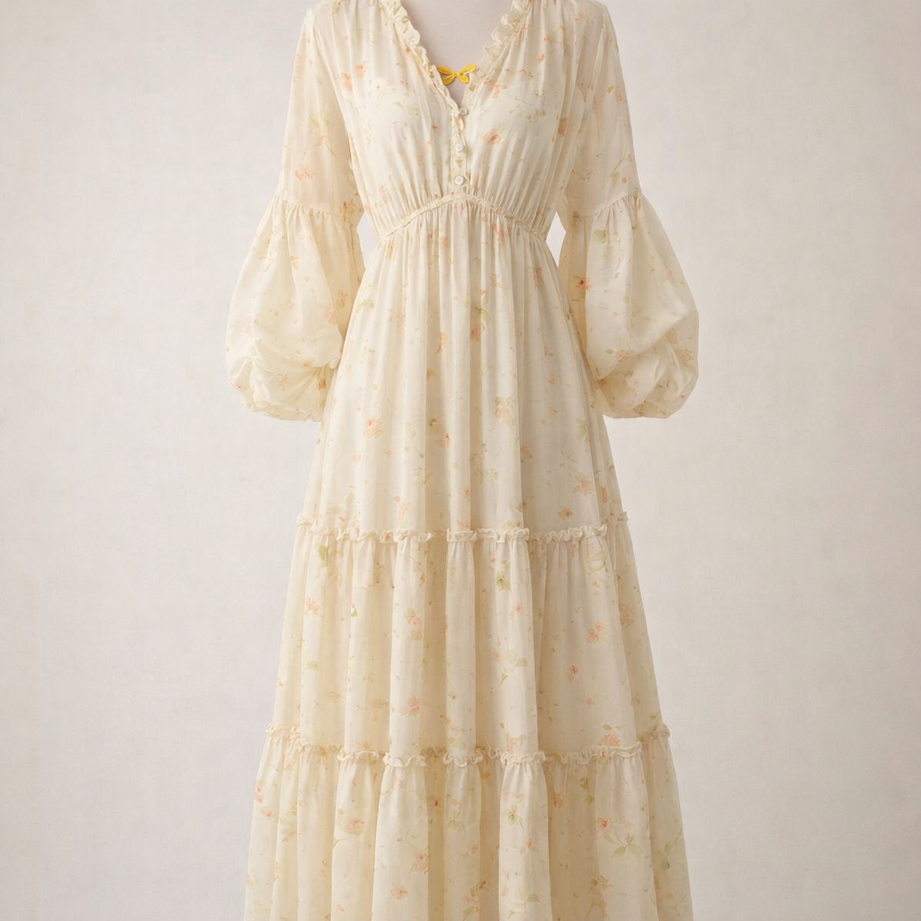 Maxi Dress with Long Sleeves and V-Neck for Spring Casual Wear, Floral with High Waist and Flared Silhouette Design for Vacation