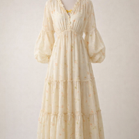 Maxi Dress with Long Sleeves and V-Neck for Spring Casual Wear, Floral with High Waist and Flared Silhouette Design for Vacation