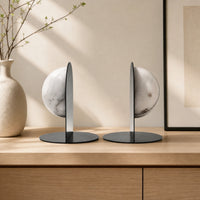 Round Bookends with Marble Orb Sculptural Marble Bookends with Metal Base Modern Bookend Set for Readers, Bookshelf, Office, Reading Quiet Area