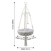 Handmade Cat Hammock with Bed Cushion, Stainless Steel Bohemian Cat Bed, Single Hook Macrame Hanging Chair for Indoor Cats at Window Perch