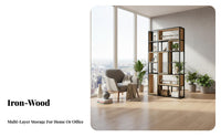 Metal and Wood Bookcase Thickened Steel Frame Room Divider Shelving Unit Sturdy Construction Multi-Tier Shelf Unit for Office
