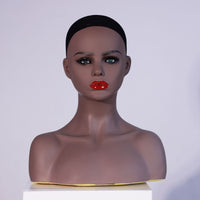 Manikin Head with Shoulders PVC Mannequin Head Bust Brown Complexion-Tone Hairpiece Stand