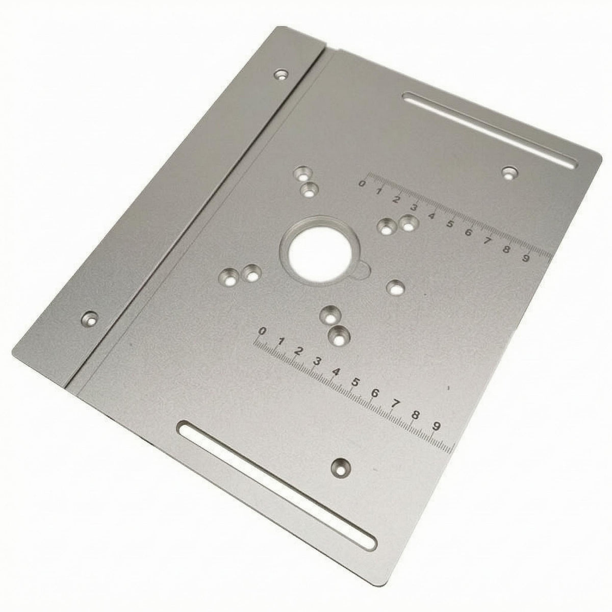 Machined Finish Metal Router Insert Plate Ruler Measurement Markings Router Table Insert Panel Mounting Holes Woodworking Tool Accessory Central Opening