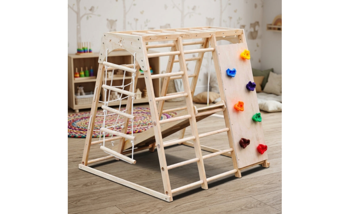 Wooden Climber Playset Multi-Functional Indoor Wooden Gym Climbing Frame with Swing for Young Children, Kids, Playroom, Living Room