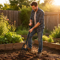 Manganese Steel Deep Tiller Tool Curved Tines Long Handled Digging Fork Reinforced Welded Frame Heavy Duty Garden Digging Implement Red Grip Handle
