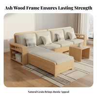 Wooden Storage Sofa Minimalist Nordic Aesthetic Ash Wood Sectional Sofa Four-Season Use L-Shaped Couch Storage Ottoman for Apartment Dwellers, Adults