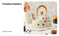 Polka Dot Whistling Kettle Loud Whistle Steaming Tea Kettle Induction & Gas Cooktop Compatible Stainless Steel Teapot for Office, Bar