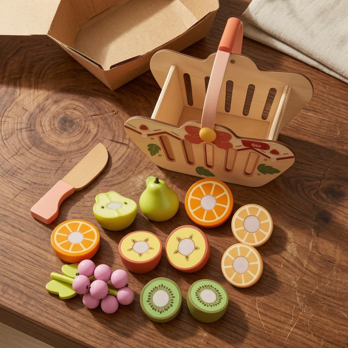 Rounded Edges Hook-and-Loop Cutting Toy Colorful Wooden Fruit Cutting Basket Toy Pretend Kitchen Food Set