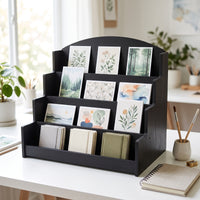 Greeting Card Display Stand Holder with Arched Back Wooden Stepped Display Shelf Multi-Tier Postcard Rack for Reception Desk