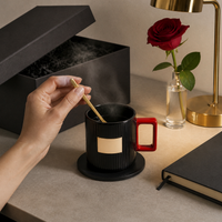 Custom Logo Black Gold Ceramic Mug with Stirring Rod and Vertical Stripes for Valentine's Day