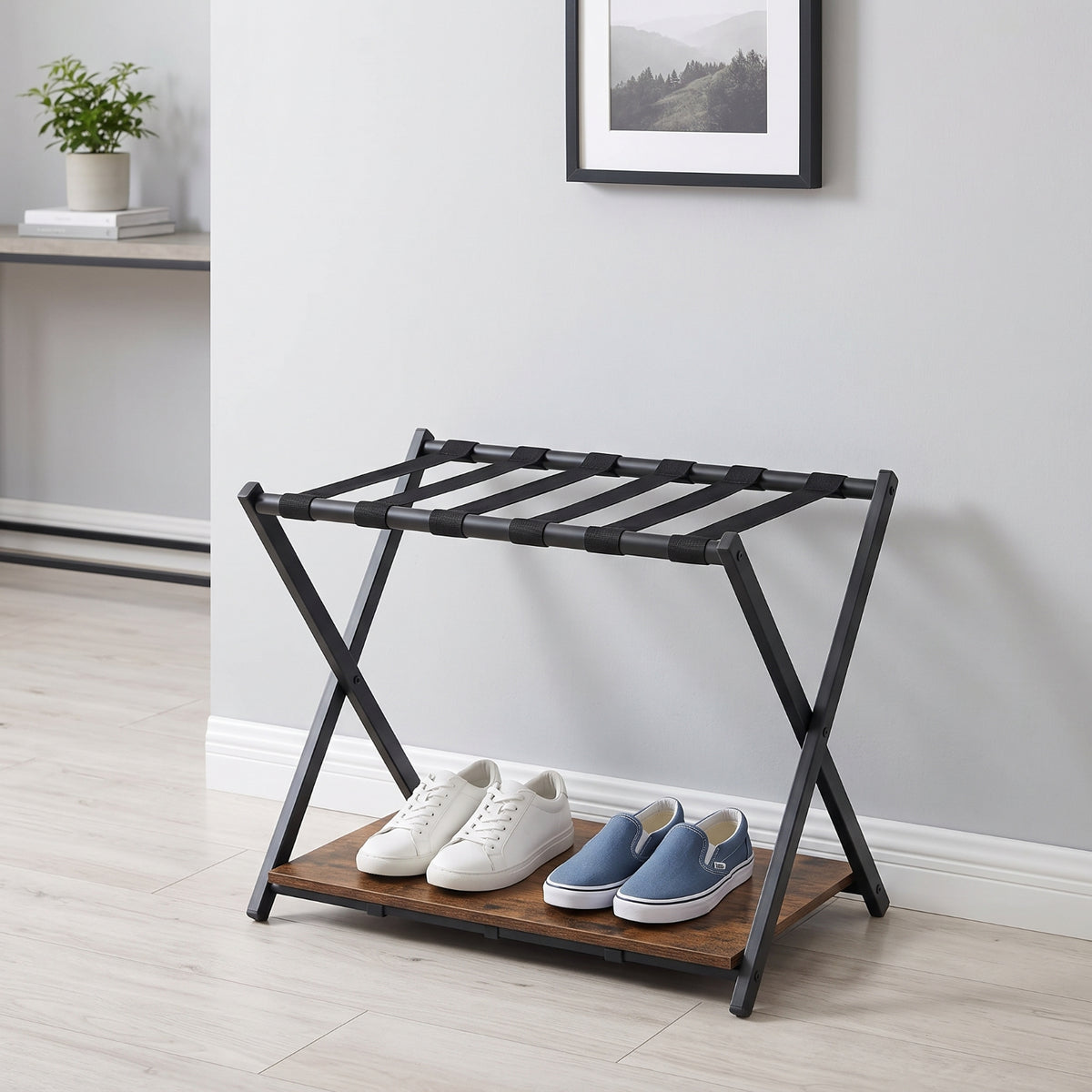 Luggage Rack with Storage Shelf Two-Tier Luggage Rack with Shelf Space-Saving Furniture for Guests, Journeyers, Guest Room, Bedroom