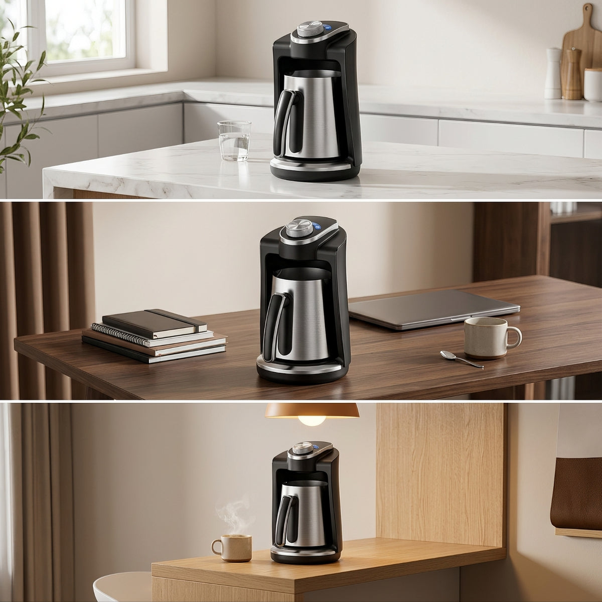 Multi-Functional Electric Coffee Maker with Stainless Steel Pot Countertop Automatic Turkish Coffee Machine Compact Electric Milk Frother and Heater for Students, Kitchen, Office, Dorm Room