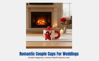 Double Happiness Wedding Mug Set, Creative Cartoon Couple Ceramic Cups, Red Festive Gift Box for Friends and Newlyweds
