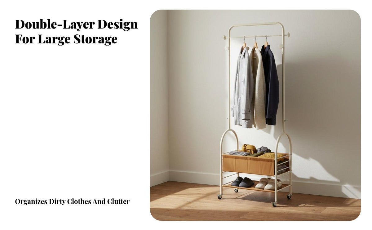 Large Capacity Mobile Clothes Rack with Storage Bin Sturdy Garment Rack with Shelf Heavy Duty Complimentary Standing Closet Organizer on Wheels Multi-Purpose for Renters, Students, Boutique Owners, Bedroom, Living Room, Entryway, Apartment