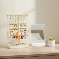 Jewelry Stand with Tray Metal Earring Holder Stand Adjustable Height Necklace Earring Organizer for Women, Girls, Dresser, Vanity, Bedroom