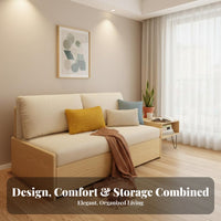 Hardwood Wood Frame Pull-pull-out Bed with Storage 2-in-1 Design Sleeper Sofa Space-Saving transformable Couch for Small Apartment Dwellers, Families, Homeowners, Lounge Area