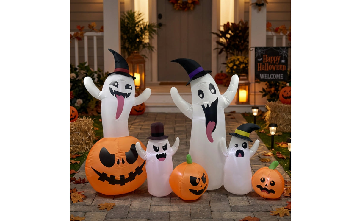 Lighted Inflatable Ghost with Pumpkins Outdoor Inflatable Jack-O'-Lantern Spooky Inflate Yard Decor Giant for Lawn