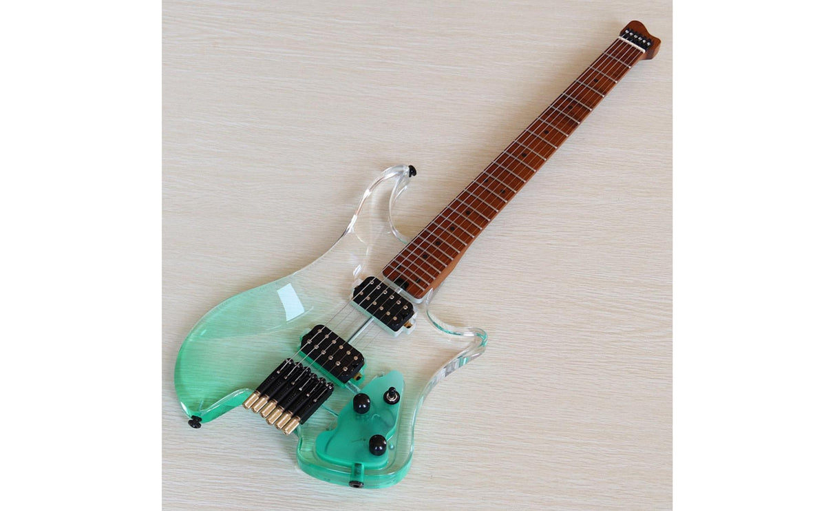 Transparent Headless Electric Guitar Two Humbucker Guitar with Acrylic Body Compact Travel-Friendly for Guitarists, Travelers, Stage, Practice
