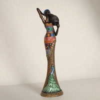 Gold-Tone African Woman Statue Tabletop African Woman Figurine Tall Figurine with Peacock Motif Artisan-Made for Living Room, Entryway, Bookshelf