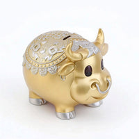 Bull Piggy Bank Gold-Toned Bull Savings Bank Embossed Saving Box for Collectors, Kids
