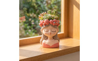 Sculpted Girl Bust Planter Decorative Planter with Pearl Necklace Whimsical Female Face Flowerpot Cute for Plant Lovers, Gardeners, Desk, Living Room, Bedroom, Balcony