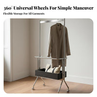 Vintage Design Stainless Steel Clothing Rack Rust Resistant Mobile Garment Rack with Storage Box Heavy Duty Unrestricted Standing Coat Stand Space Saving for Apartment Dwellers, Homeowners, Students, Bedroom, Entryway, Laundry Room, End of Bed