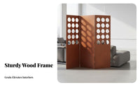 Retro Design 3-Panel Folding Screen Solid Wood Frame 3-Panel Circle Cutout Screen Foldable Room Divider Decorative for Guesthouse Owners, Homeowners, Awayice Workers, Bedroom, Studio Apartment