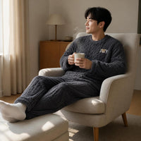 Men's Coral Fleece Pajama Set Thickened Warm Flannel Loungewear for Autumn Winter