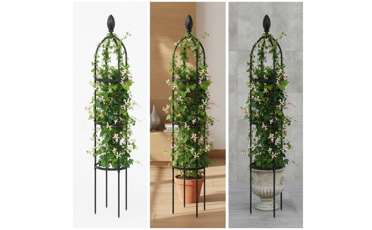 Arched Climbing Trellis with Finial Sectional Plant Support Frame Freestanding Obelisk Trellis Metal for Gardeners, Planters, Patios, Balconies