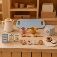 Wooden Coffee Toy Set Pastel Pretend Coffee Set Printed Labels Kids Tea Service