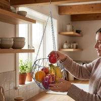 Foldable Metal Fruit Basket, 3-Tier Hanging Basket for Kitchen, Space-Saving, Modern in Silver, Perfect for Small Apartments