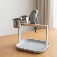 Parrot Perch Wooden Lumber Feathered Stand with Tray Base and Cup Holder, Small Bird Stand for Parrot Training