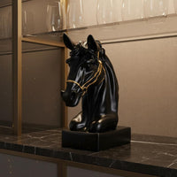 Horse Head Statue Artistic Design Black Horse Bust Gold Accents Tabletop Sculpture for Living Room, Entryway, Bookshelf