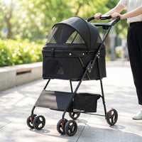 4-Wheel Pet Stroller with Storage Basket Portable Foldable Pet Stroller Lightweight Stroller with Mesh Panels Breathable for Young Dogs