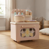 Wooden Play Kitchen with Hooks Toy Kitchen Set Interactive Knobs Children's Plaything for Playroom